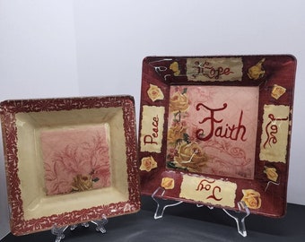 Handmade Unique Mod Podge Square Glass Plates Set Maroon "FAITH" Design