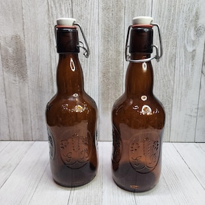 Vintage Grolsch Beer Bottle Amber Brown with Porcelain Swing Top Lid - Set Of 2