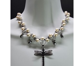 Handcrafted .925 Sterling Silver Glass Pearl Monochrome Dragonfly Pendant Unique