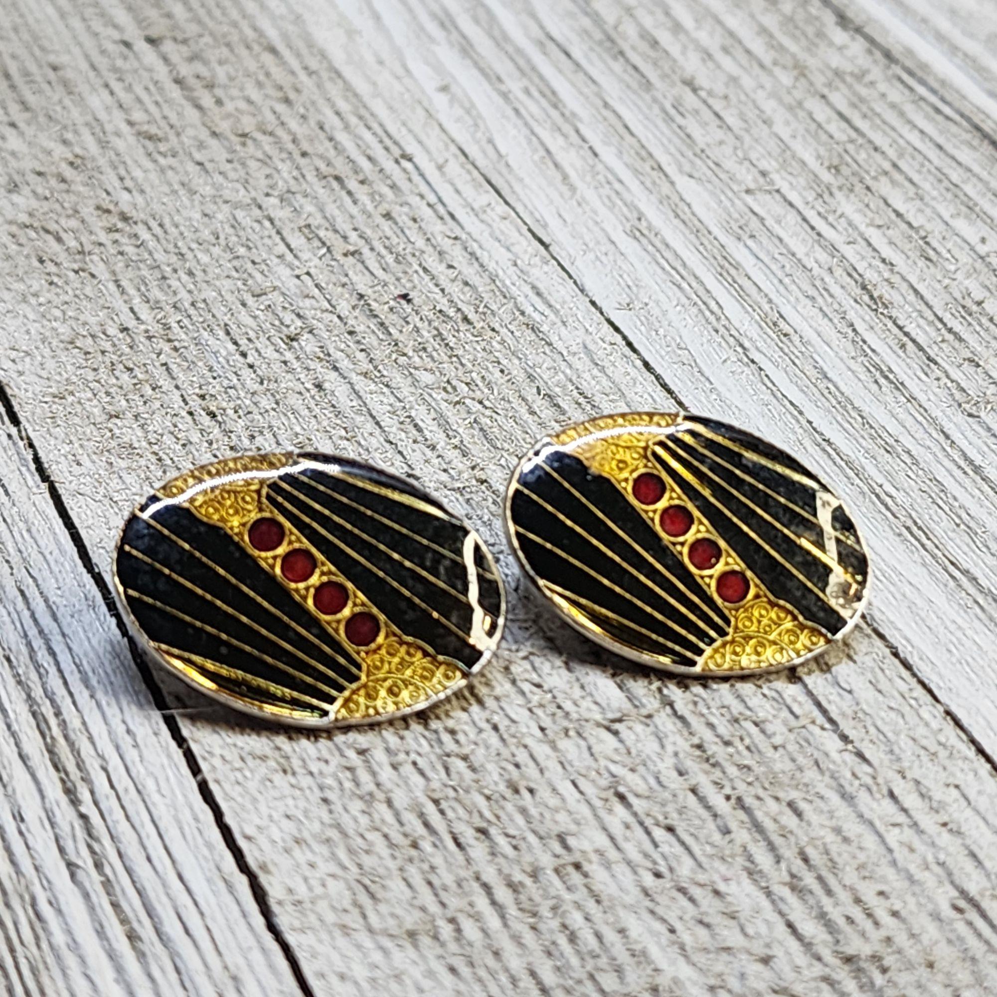 Boucles D'oreilles Clips Style ART DÉCO Années 50 - Doré Et émaillé