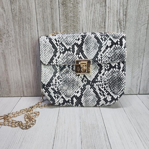 SHEIN Snakeskin Pattern Flap Chain Square Small Crossbody Handbag White Black Etsy