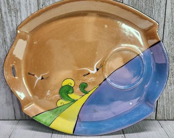 Vintage Gold Castle Chikusa Snack Plate Hand Painted Crane Ocean Wave