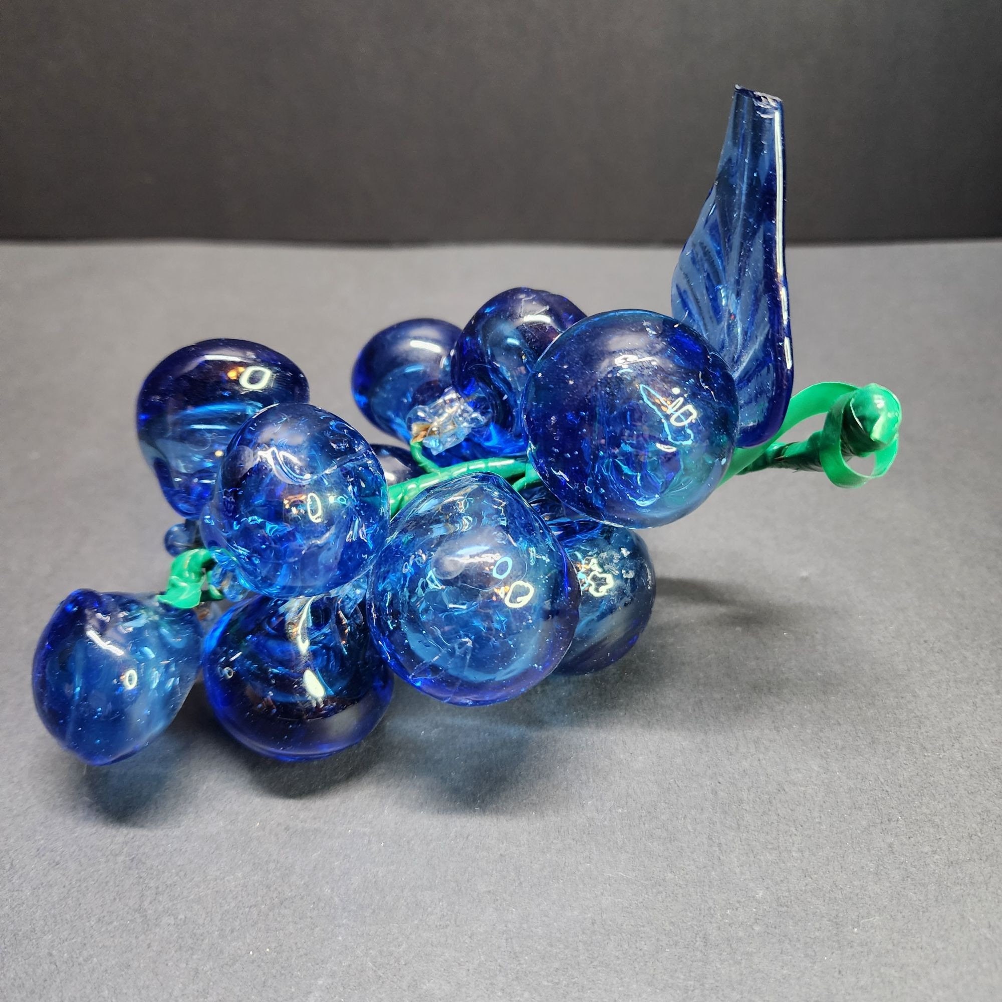 Vintage Handblown Art Glass Grapes Berries Cluster Cobalt Blue with Leaf
