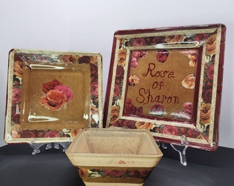 Handmade Unique Mod Podge Square Glass Plates Bowl Set 'Roses of Sharon' Design