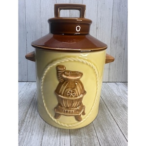 Vtg Pot Belly Stove Design Ceramic Cookie Jar Cannister with Brown Lid 9&quot; Tall