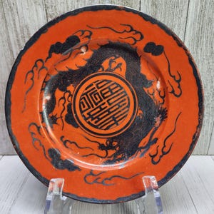Vintage Antique Chinese Rare Red Coral Porcelain 7in Plate Silver Black Dragon