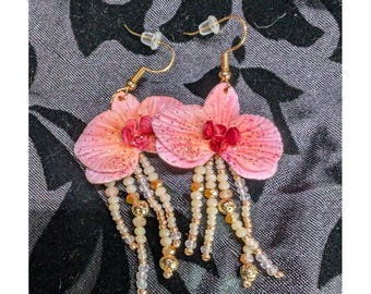 Handcrafted 18k Gold Plated Asian Inspire Ornamental Beaded Pink Orchid Earrings