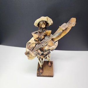 Vintage Mexican Folk Art Paper Mache Old Man Figure 11&#39;&#39; Holding Guitar Sculpture