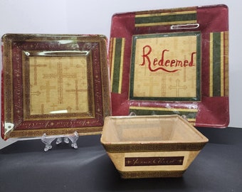 Handmade Unique Mod Podge Square Glass Plates Bowl Set "REDEEMED" Design