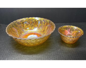 Vintage Indiana Carnival amberkleurige glazen schaal met mandvlechtwerk - set van 2