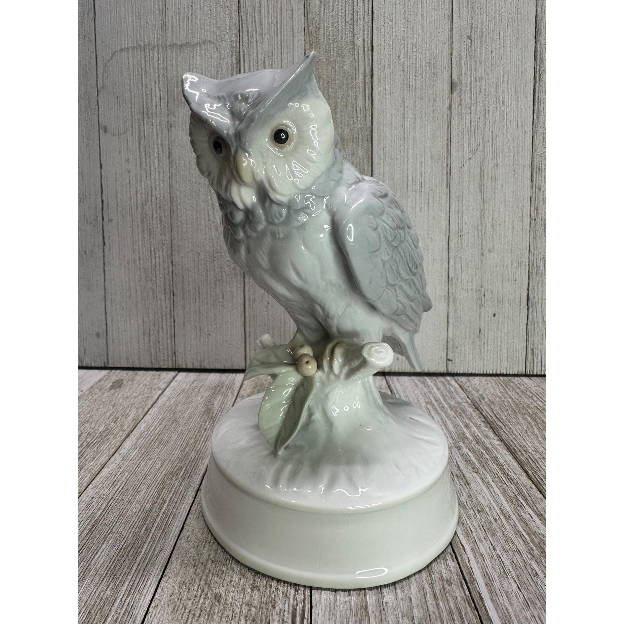 Vintage Owl Figurine Statue Standing On Branch Porcelain White Home Decor 6.5"