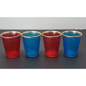 Vintage KK Plastic Shot Glasses Retro Red and Blue Made in Hong Kong - Lot of 4