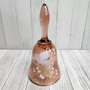 Vintage Fenton Art Glass Painted Bell Butterfly Pink Amber Signed Artist