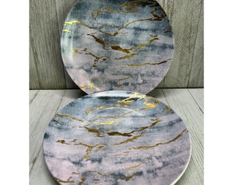Vintage saladebord van American Atelier met marmerdesign, porselein, 7,5 inch - set van 2