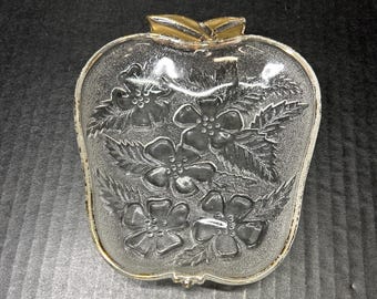 Vintage Depression Glass Candy Nut Trinket Dish Apple Shaped Embossed Flower
