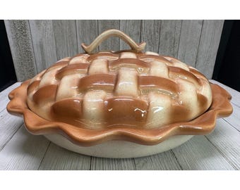 Vintage keramische taartvorm met deksel, klokvormig ontwerp, landelijk varkentje, 28 cm diameter, glanzend deksel