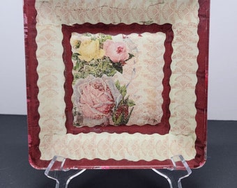 Handmade Unique Mod Podge Square Glass Plate 8'' Maroon & Roses Design