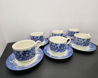 Vtg Churchill Currier and Ives Harvest Heritage Mint Cups & Saucer Set of 6