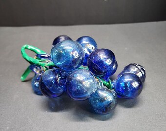 Vintage Handblown Art Glass Grapes Cluster Cobalt Blue with Leaf