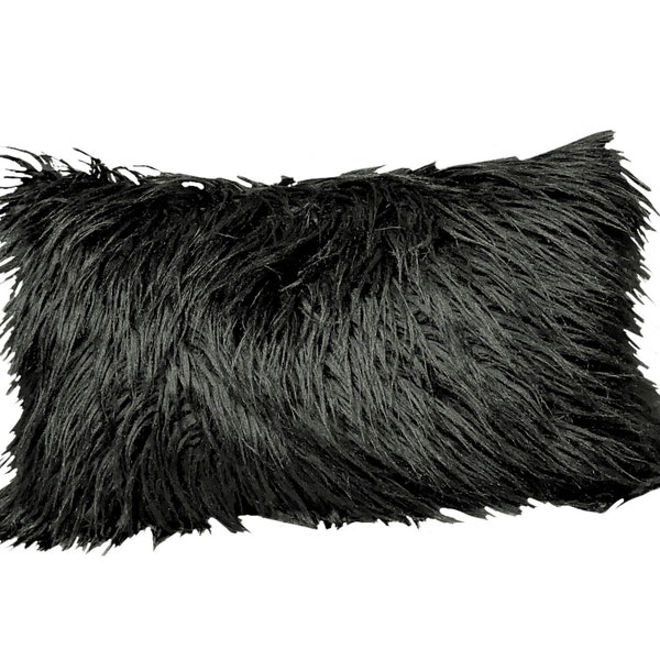 Faux Fur Lumbar Pillow, Black Pillow, Decorative Throw Pillows, Pillow Inserts, Designer Look Luxury Faux Fur Pillow, Fur Lumbar Pillow, Fur