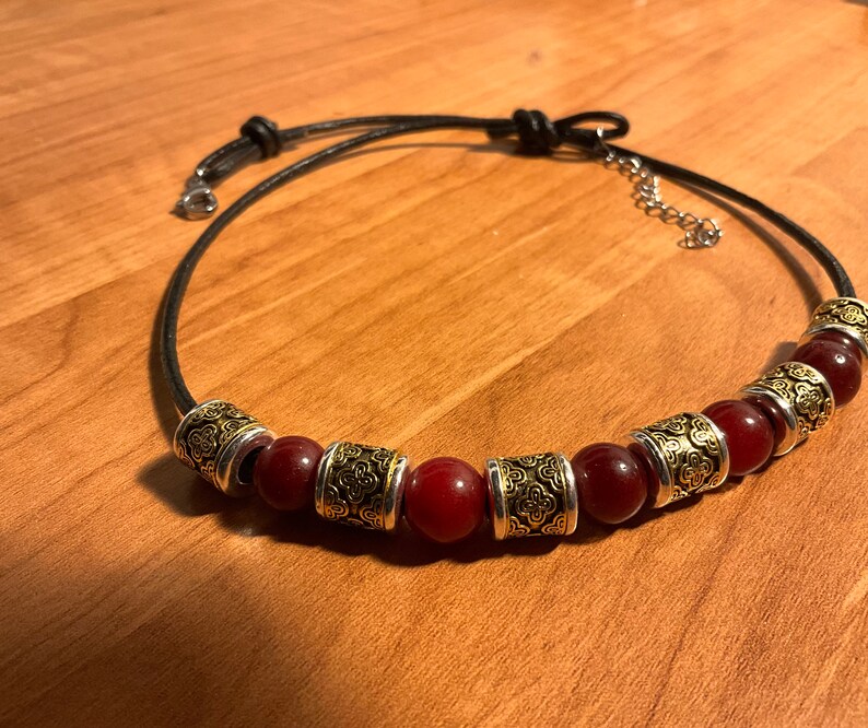 Mens Necklace,red,quartz,silver,red,gold,boho,leather,beaded Mens