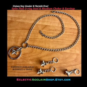 Spike Flail Necklace and earrings,O ring choker stainless steel and rhodium,Morningstar necklace,human collar,Medieval Flail Necklace,unisex