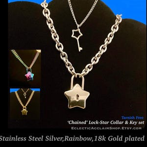 Padlock necklace,lock necklace,stainless steel,star lock necklace,E girl,chain choker,gothic,punk,alternative,hiphop,Lock and key necklace