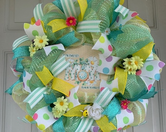 Handmade Spring Wreath, Mother's Day Decor, Deco Mesh Ribbon Wreath