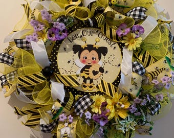 Black & Yellow Bumble Bee Wreath | Handmade Bee Wreath | Summer Front Door Decor | Farmhouse Bee Decor | Everyday Wreath, Beautiful Gift