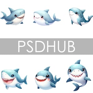 Clipart. Images of 6 cute watercolor style sharks in PNG, transparent background