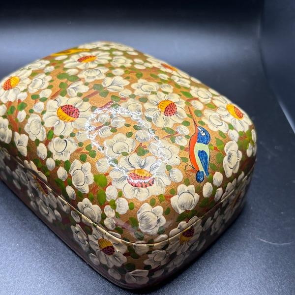 Paper Mache Box - Floral Handpainted Trinket Box-VINTAGE