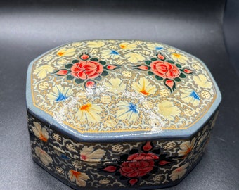 Paper Mache Box - Floral Handpainted Trinket Box-VINTAGE