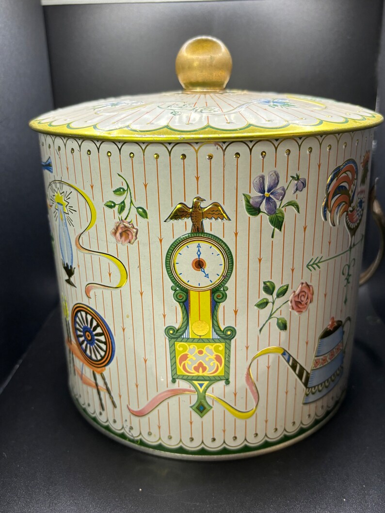 Biscuit Cookie Tin Metal Bucket Lid Handle Holder Containerwhite rare
