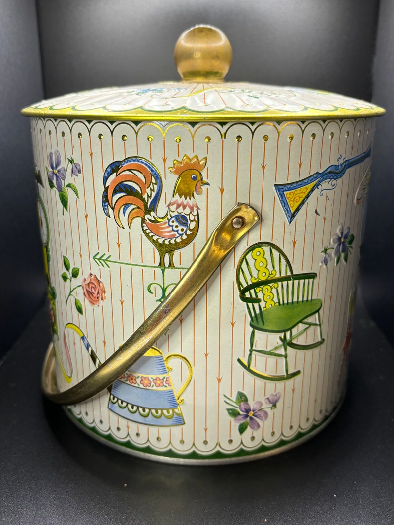 Biscuit Cookie Tin Metal Bucket Lid Handle Holder Containerwhite rare