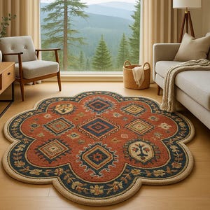 Hand-Tufted Floral Medallion Wool Rug: Irregular Scalloped  Style 8x8ft bedroom 9x12ft
