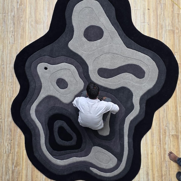 Alfombra de lana tejida a mano: alfombra contemporánea gris oscuro con relieve alto-bajo