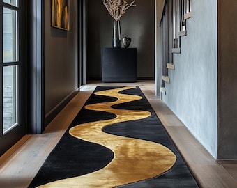Abstract Runner Rug Black-Gold Hand Tufted WoolRug Wavy Hallway Carpet