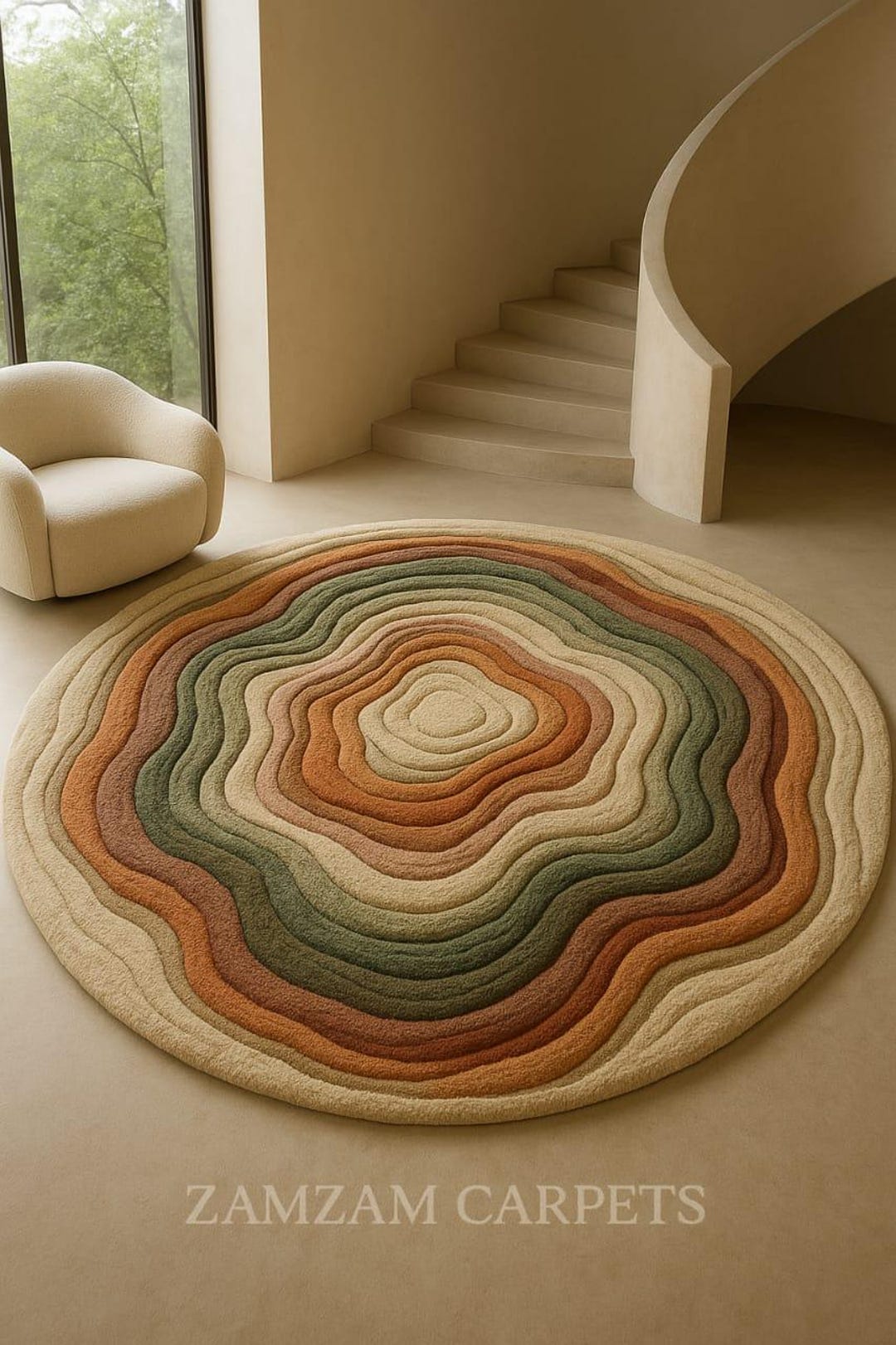 Eclectic Round Wool Rugs Topographic Wave Hand Tufted Wool Rug, Round Biomorphic Area Rug, Earth ...