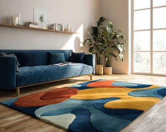 Hand-Tufted Wool Rug: Blue-Yellow Geometric Abstract Carpet