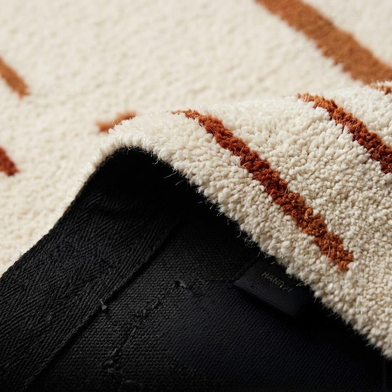 May include: Close-up of a cream-colored rug with brown stripes. The rug has a textured, plush surface. The underside of the rug is black, with a tag that reads "HAND".