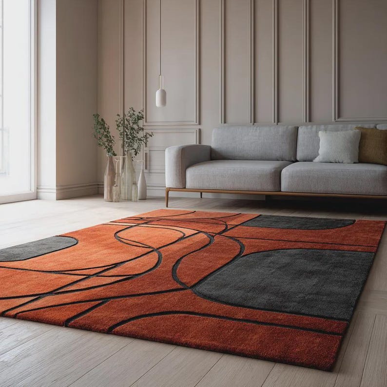 Modern Retro Rug Handtufted Burnt Orange-Gray Home decore Area Rug 8x10 Abstract Rectangle image 5