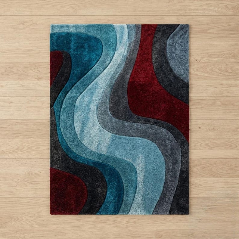 Moevment Rugs Hand-tufted Wool Rug – Modern Abstract Wavy Shapes, Blue Red Grey – 5x8 ...