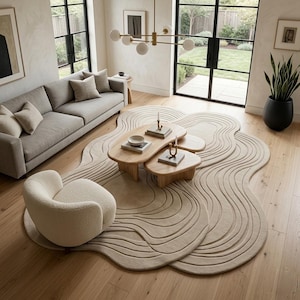 Puede incluir: Una alfombra grande de color beige con forma orgánica y patrones de líneas concéntricas onduladas talladas que cubre el suelo. La alfombra presenta una superficie texturizada y se sitúa bajo un conjunto de dos mesas de centro de madera clara y un sillón color crema.