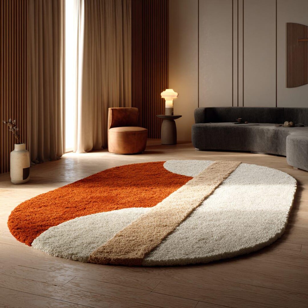 Oval Rug Styling Modern Abstract Oval Rug Orange-ivory Minimalist Mid-century Custome ...