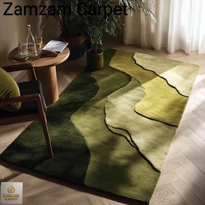 Hand-Tufted Moss Green Wool Rug: 3D Wavy Design