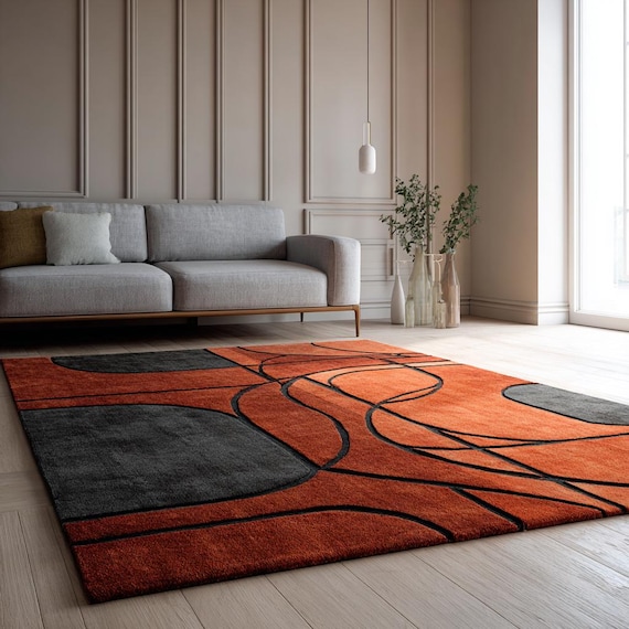 Modern Retro Rug Handtufted Burnt Orange-Gray Home decore Area Rug 8x10 Abstract Rectangle