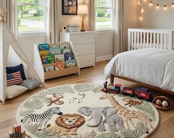 May include: A round area rug featuring a raised, textured jungle theme with a lion, elephant, giraffe, zebra, and monkey surrounded by green palm leaves on a cream background. The rug is placed on a wooden floor in a child's bedroom with a toy train.