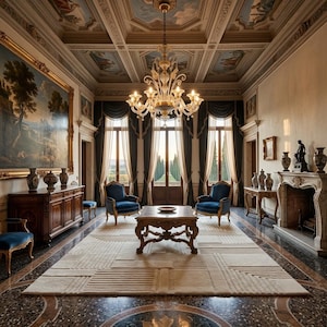 Op de afbeelding: Een statige kamer met een grote kristallen kroonluchter, twee blauwe fluwelen fauteuils en een centrale houten salontafel. De ruimte bevat een open haard, een houten dressoir, een groot ingelijst landschapsschilderij en een crèmekleurig vloerkleed.