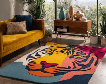 Colorful Tiger Rug, Hand Tufted Wool Area Rug, Modern Animal Rug, Abstract Tiger Carpet, Living Room Decor, Custom Size Rug
