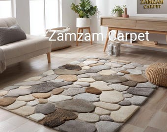 Hand-Tufted Wool Area Rug: Multicolor 3D Stone Pebble Design